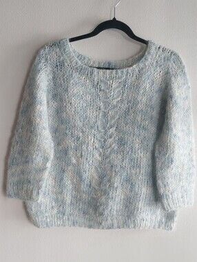 Unbranded Handmade Blue & White Mohair Open Crochet Knit 3/4 Sleeve Sweater